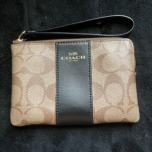 Coach Signature Tan and Black Wristlet